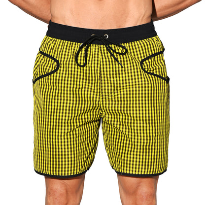 DESMIIT Men's Fine‑Plaid Breathable Quick‑Dry Drawstring Board Shorts with Pockets, Summer Beach Swim Trunks Casual Daily Wear B4570