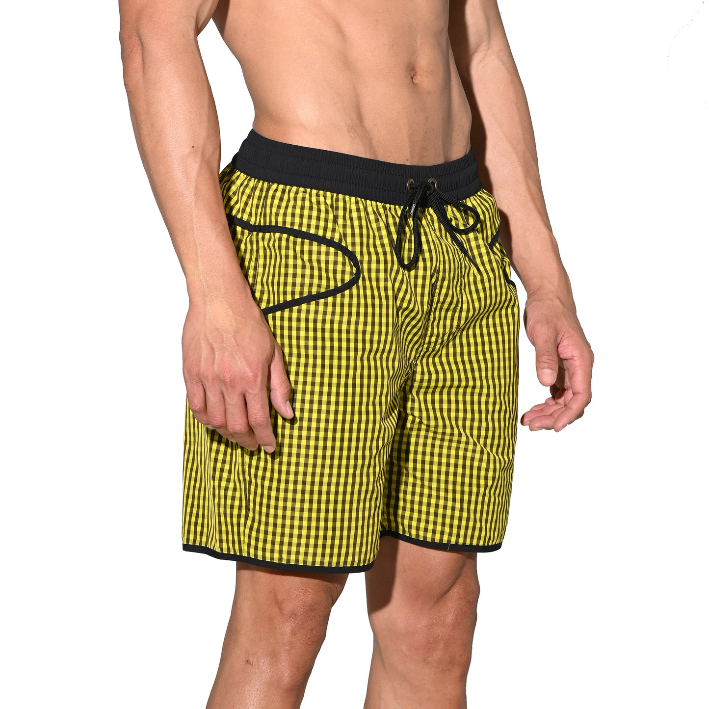 DESMIIT Men's Fine‑Plaid Breathable Quick‑Dry Drawstring Board Shorts with Pockets, Summer Beach Swim Trunks Casual Daily Wear B4570