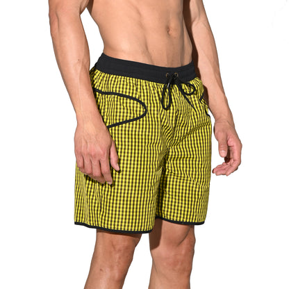 DESMIIT Men's Fine‑Plaid Breathable Quick‑Dry Drawstring Board Shorts with Pockets, Summer Beach Swim Trunks Casual Daily Wear B4570