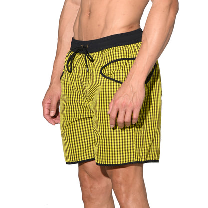 DESMIIT Men's Fine‑Plaid Breathable Quick‑Dry Drawstring Board Shorts with Pockets, Summer Beach Swim Trunks Casual Daily Wear B4570