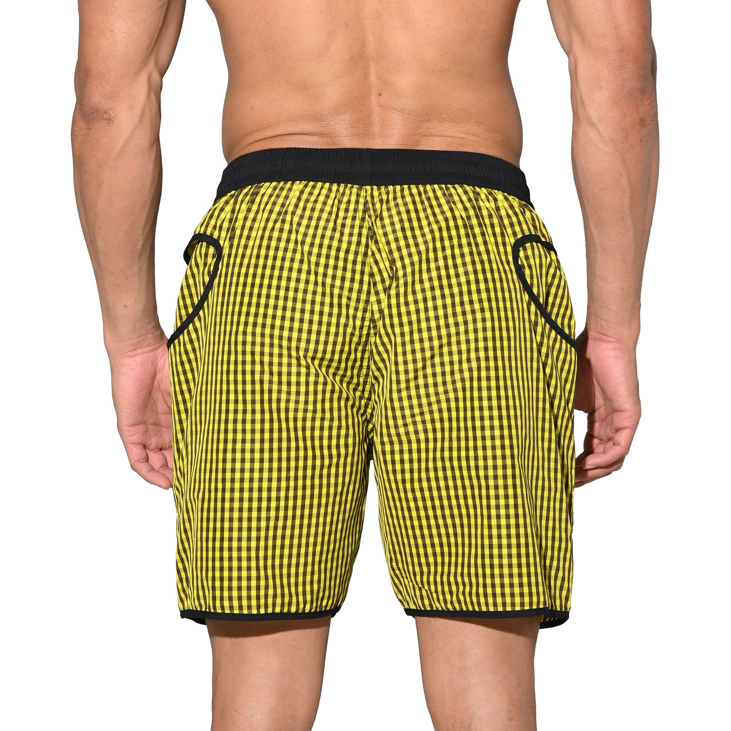 DESMIIT Men's Fine‑Plaid Breathable Quick‑Dry Drawstring Board Shorts with Pockets, Summer Beach Swim Trunks Casual Daily Wear B4570