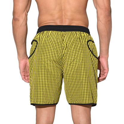 DESMIIT Men's Fine‑Plaid Breathable Quick‑Dry Drawstring Board Shorts with Pockets, Summer Beach Swim Trunks Casual Daily Wear B4570