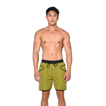 DESMIIT Men's Fine‑Plaid Breathable Quick‑Dry Drawstring Board Shorts with Pockets, Summer Beach Swim Trunks Casual Daily Wear B4570