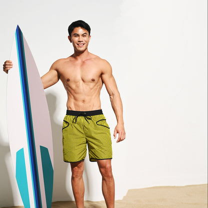 DESMIIT Men's Fine‑Plaid Breathable Quick‑Dry Drawstring Board Shorts with Pockets, Summer Beach Swim Trunks Casual Daily Wear B4570