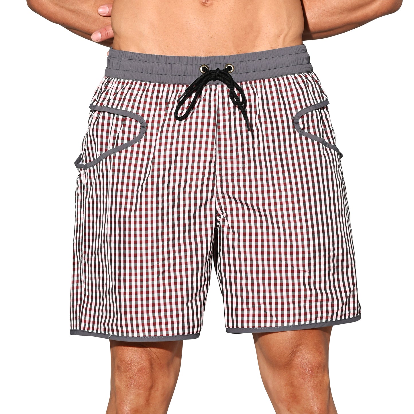 DESMIIT Men's Fine‑Plaid Breathable Quick‑Dry Drawstring Board Shorts with Pockets, Summer Beach Swim Trunks Casual Daily Wear B4570