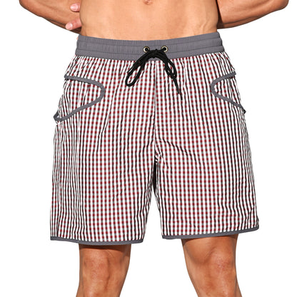 DESMIIT Men's Fine‑Plaid Breathable Quick‑Dry Drawstring Board Shorts with Pockets, Summer Beach Swim Trunks Casual Daily Wear B4570
