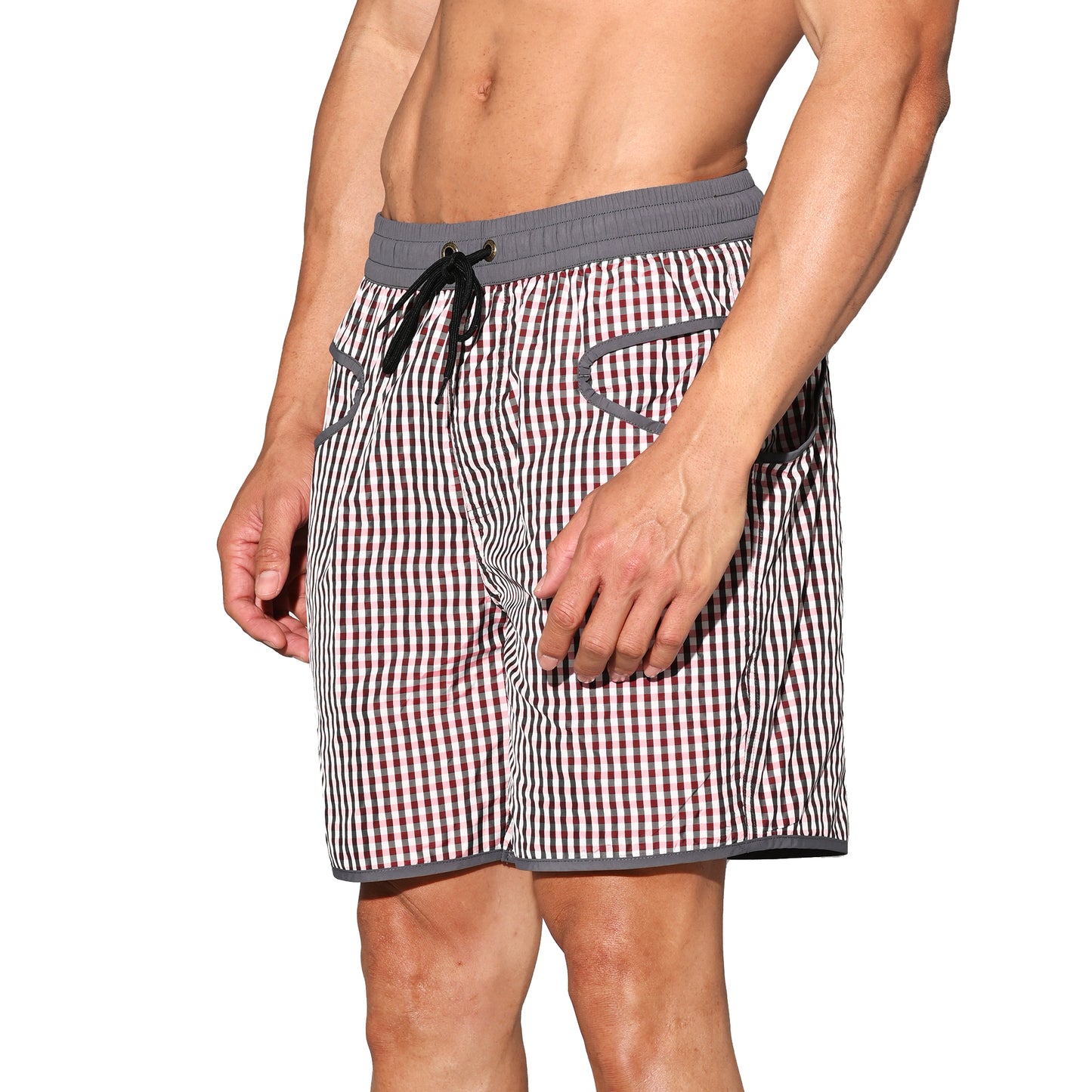 DESMIIT Men's Fine‑Plaid Breathable Quick‑Dry Drawstring Board Shorts with Pockets, Summer Beach Swim Trunks Casual Daily Wear B4570