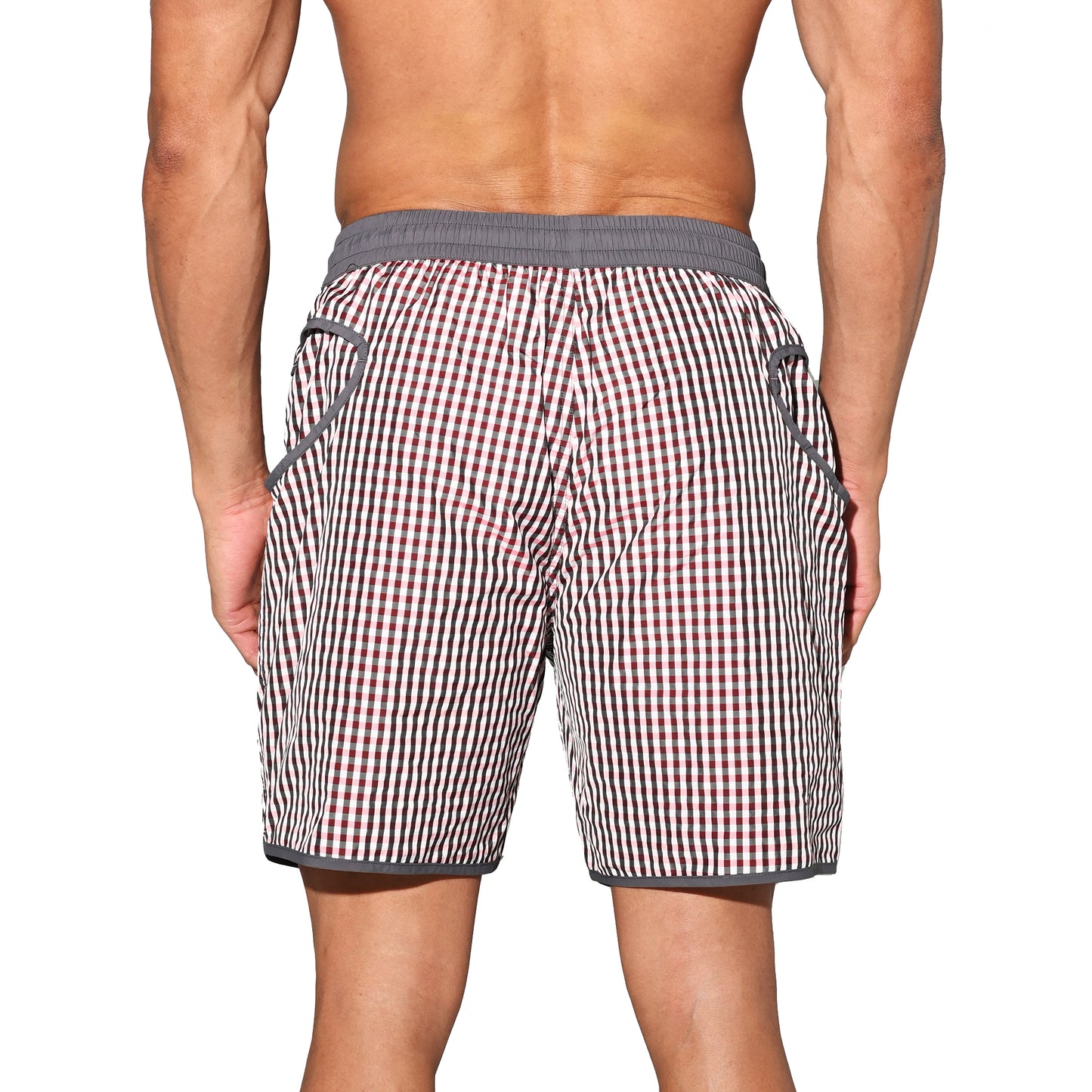 DESMIIT Men's Fine‑Plaid Breathable Quick‑Dry Drawstring Board Shorts with Pockets, Summer Beach Swim Trunks Casual Daily Wear B4570