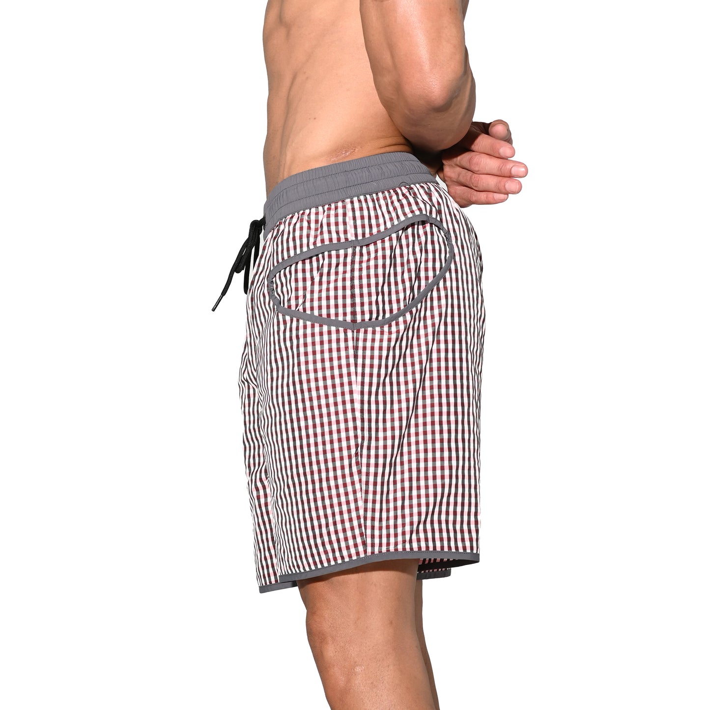 DESMIIT Men's Fine‑Plaid Breathable Quick‑Dry Drawstring Board Shorts with Pockets, Summer Beach Swim Trunks Casual Daily Wear B4570