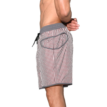 DESMIIT Men's Fine‑Plaid Breathable Quick‑Dry Drawstring Board Shorts with Pockets, Summer Beach Swim Trunks Casual Daily Wear B4570