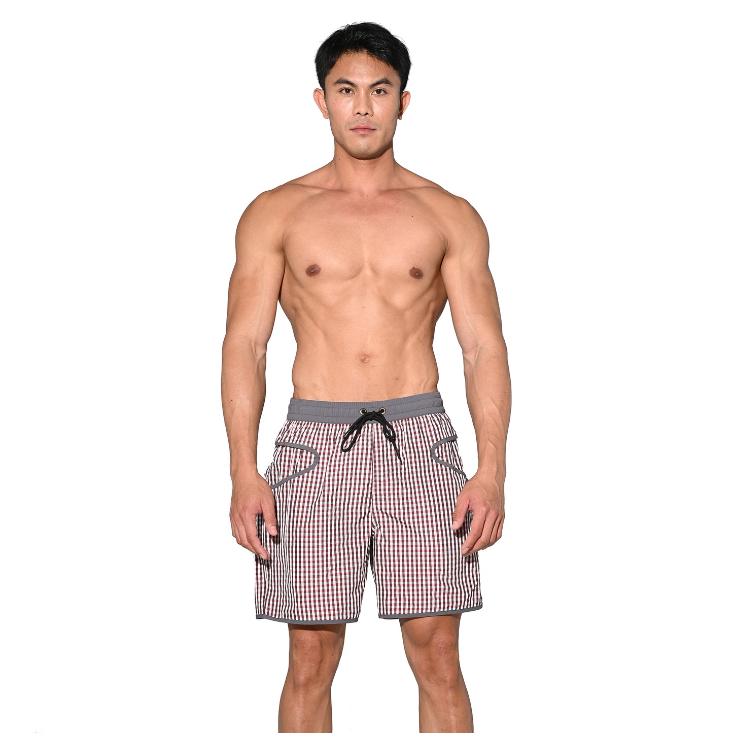 DESMIIT Men's Fine‑Plaid Breathable Quick‑Dry Drawstring Board Shorts with Pockets, Summer Beach Swim Trunks Casual Daily Wear B4570