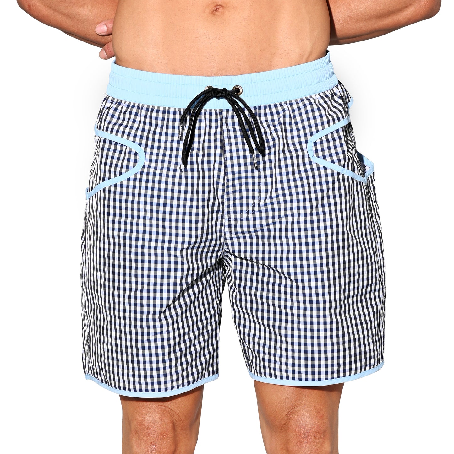 DESMIIT Men's Fine‑Plaid Breathable Quick‑Dry Drawstring Board Shorts with Pockets, Summer Beach Swim Trunks Casual Daily Wear B4570