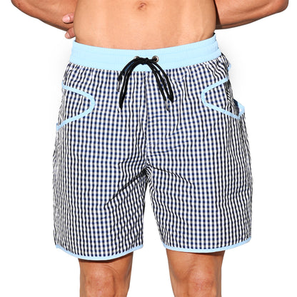 DESMIIT Men's Fine‑Plaid Breathable Quick‑Dry Drawstring Board Shorts with Pockets, Summer Beach Swim Trunks Casual Daily Wear B4570