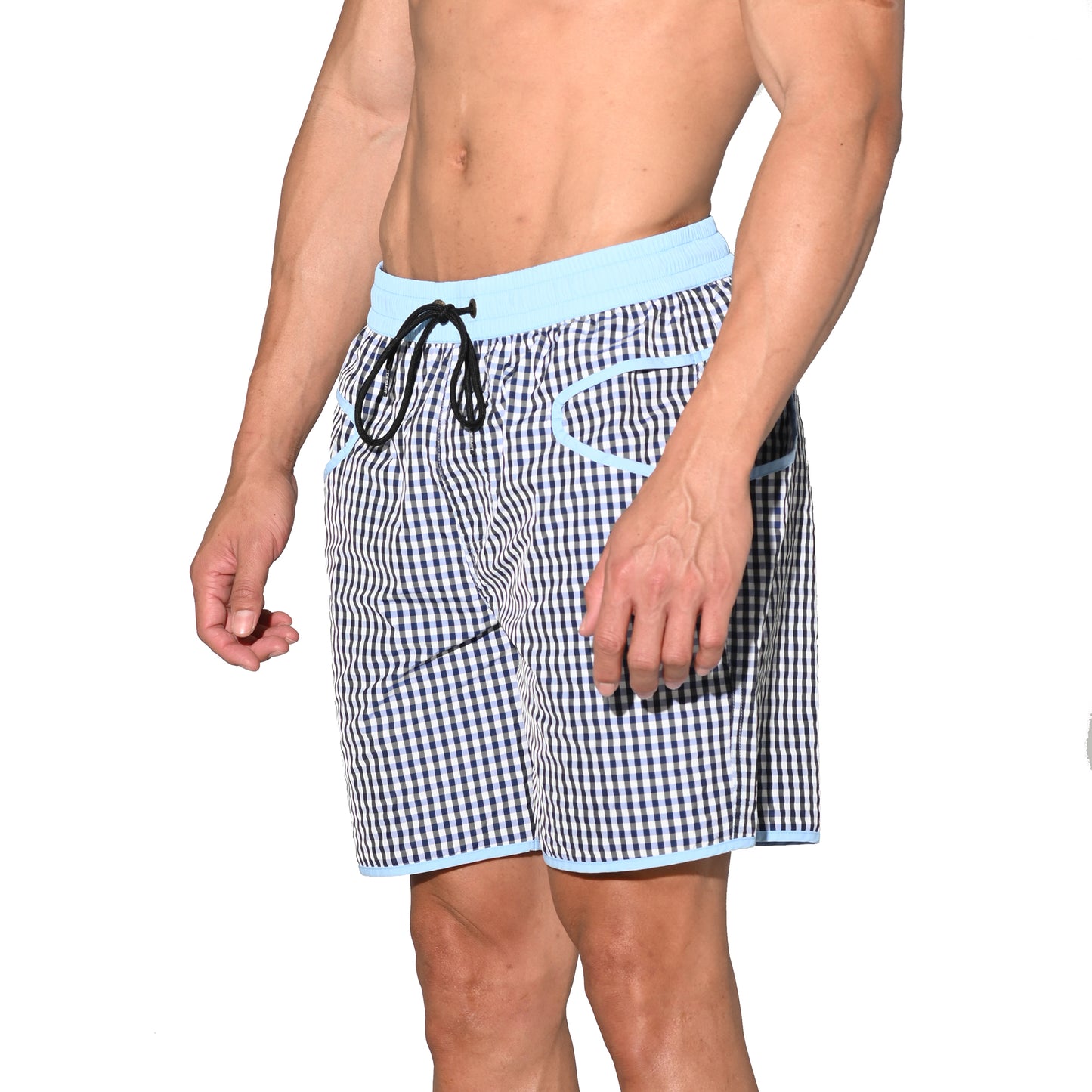 DESMIIT Men's Fine‑Plaid Breathable Quick‑Dry Drawstring Board Shorts with Pockets, Summer Beach Swim Trunks Casual Daily Wear B4570