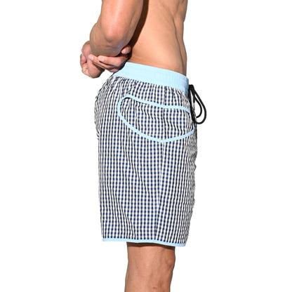 DESMIIT Men's Fine‑Plaid Breathable Quick‑Dry Drawstring Board Shorts with Pockets, Summer Beach Swim Trunks Casual Daily Wear B4570