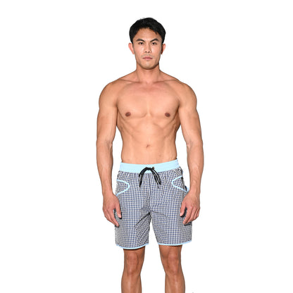 DESMIIT Men's Fine‑Plaid Breathable Quick‑Dry Drawstring Board Shorts with Pockets, Summer Beach Swim Trunks Casual Daily Wear B4570