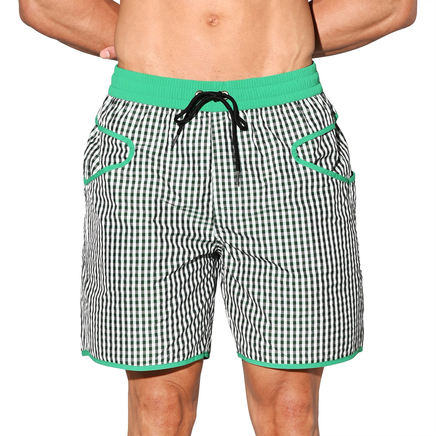 DESMIIT Men's Fine‑Plaid Breathable Quick‑Dry Drawstring Board Shorts with Pockets, Summer Beach Swim Trunks Casual Daily Wear B4570