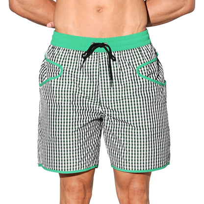DESMIIT Men's Fine‑Plaid Breathable Quick‑Dry Drawstring Board Shorts with Pockets, Summer Beach Swim Trunks Casual Daily Wear B4570