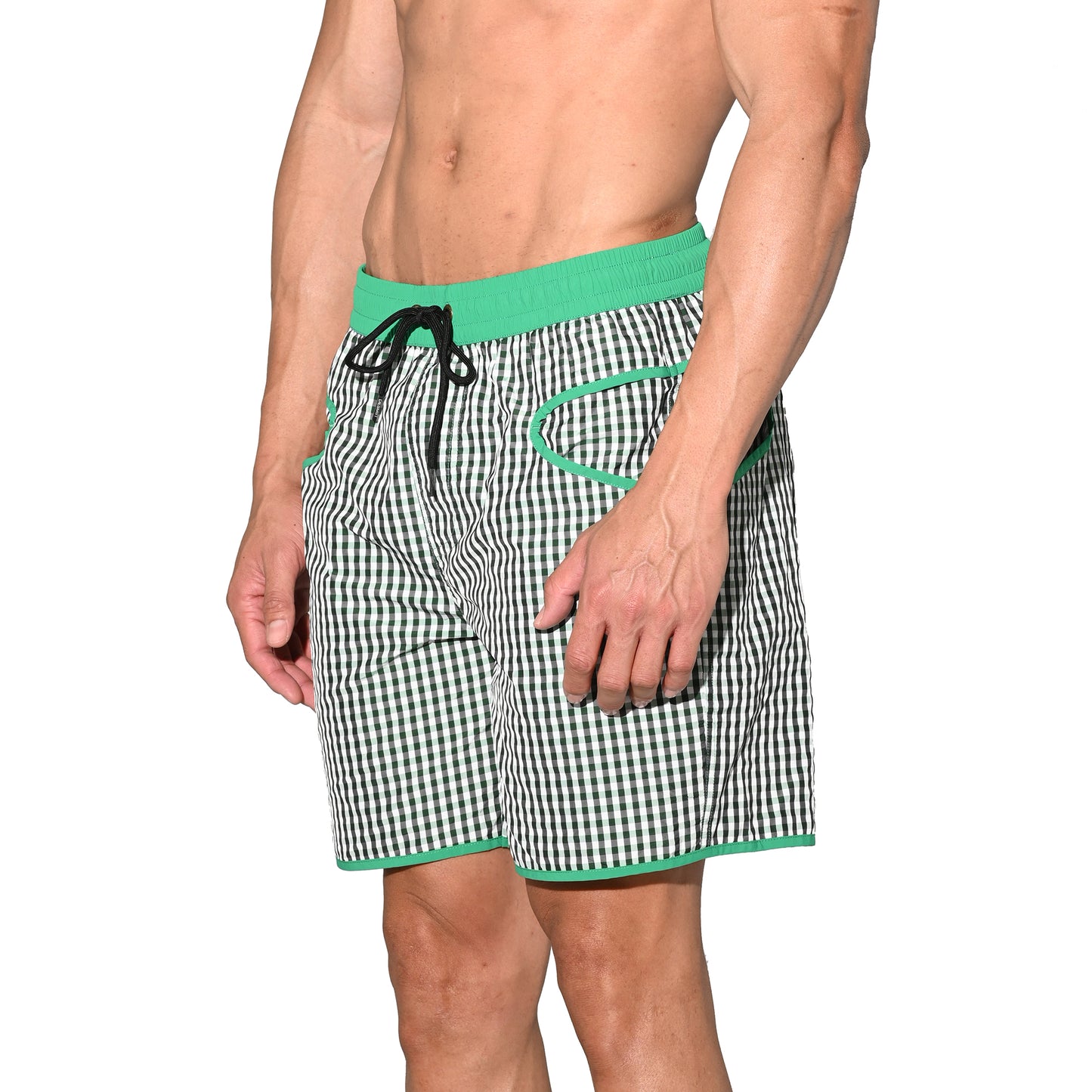 DESMIIT Men's Fine‑Plaid Breathable Quick‑Dry Drawstring Board Shorts with Pockets, Summer Beach Swim Trunks Casual Daily Wear B4570