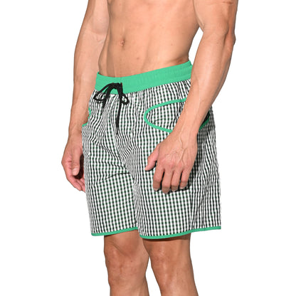 DESMIIT Men's Fine‑Plaid Breathable Quick‑Dry Drawstring Board Shorts with Pockets, Summer Beach Swim Trunks Casual Daily Wear B4570