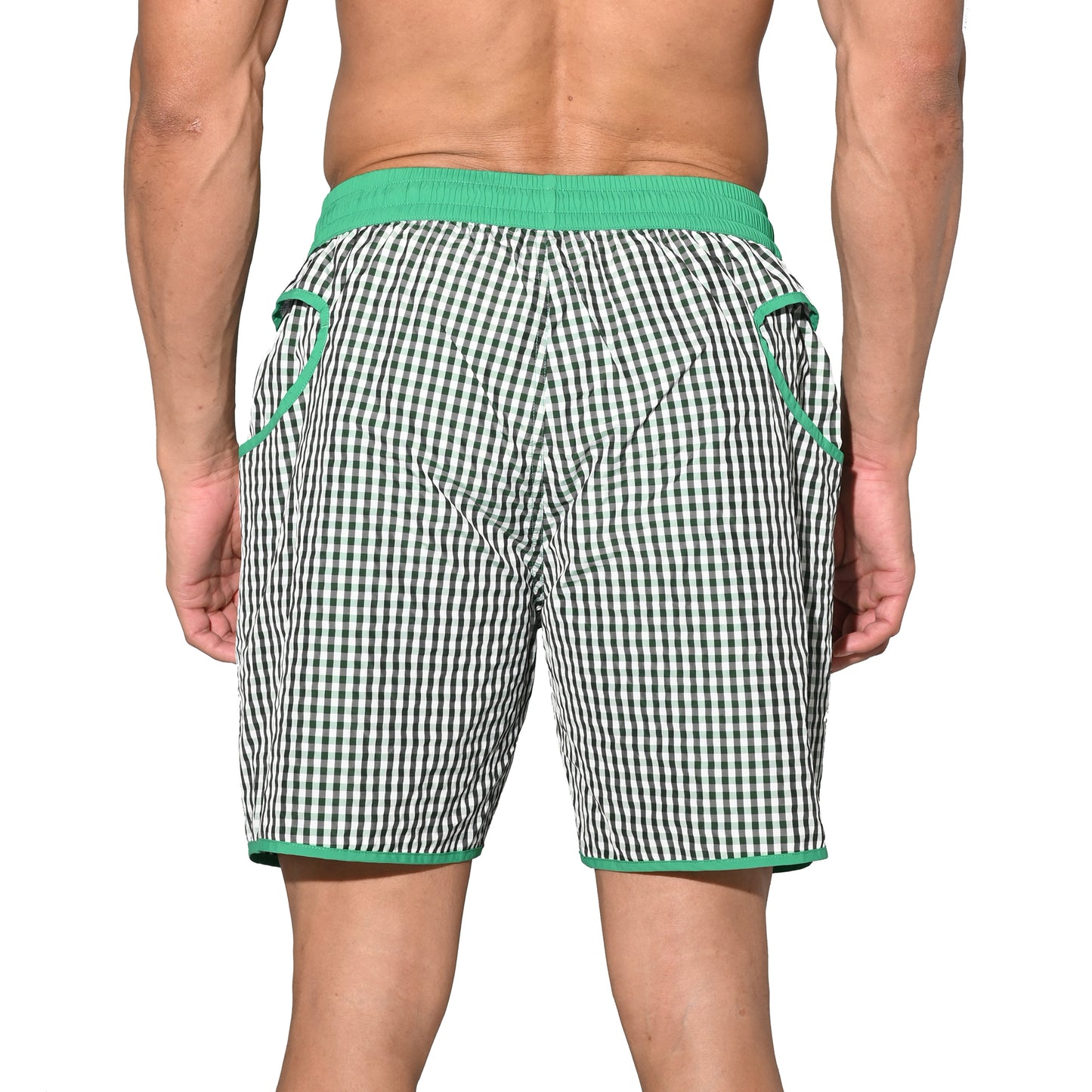 DESMIIT Men's Fine‑Plaid Breathable Quick‑Dry Drawstring Board Shorts with Pockets, Summer Beach Swim Trunks Casual Daily Wear B4570