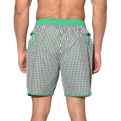 DESMIIT Men's Fine‑Plaid Breathable Quick‑Dry Drawstring Board Shorts with Pockets, Summer Beach Swim Trunks Casual Daily Wear B4570