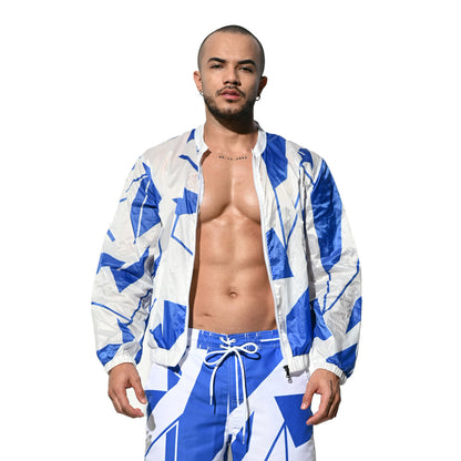 Men's Hooded Long Sleeve Blue Colorblock Sun Protection Jacket, Lightweight Quick Dry Sheer Windproof UV Protection Outerwear B7125
