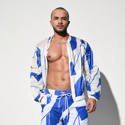 Men's Hooded Long Sleeve Blue Colorblock Sun Protection Jacket, Lightweight Quick Dry Sheer Windproof UV Protection Outerwear B7125