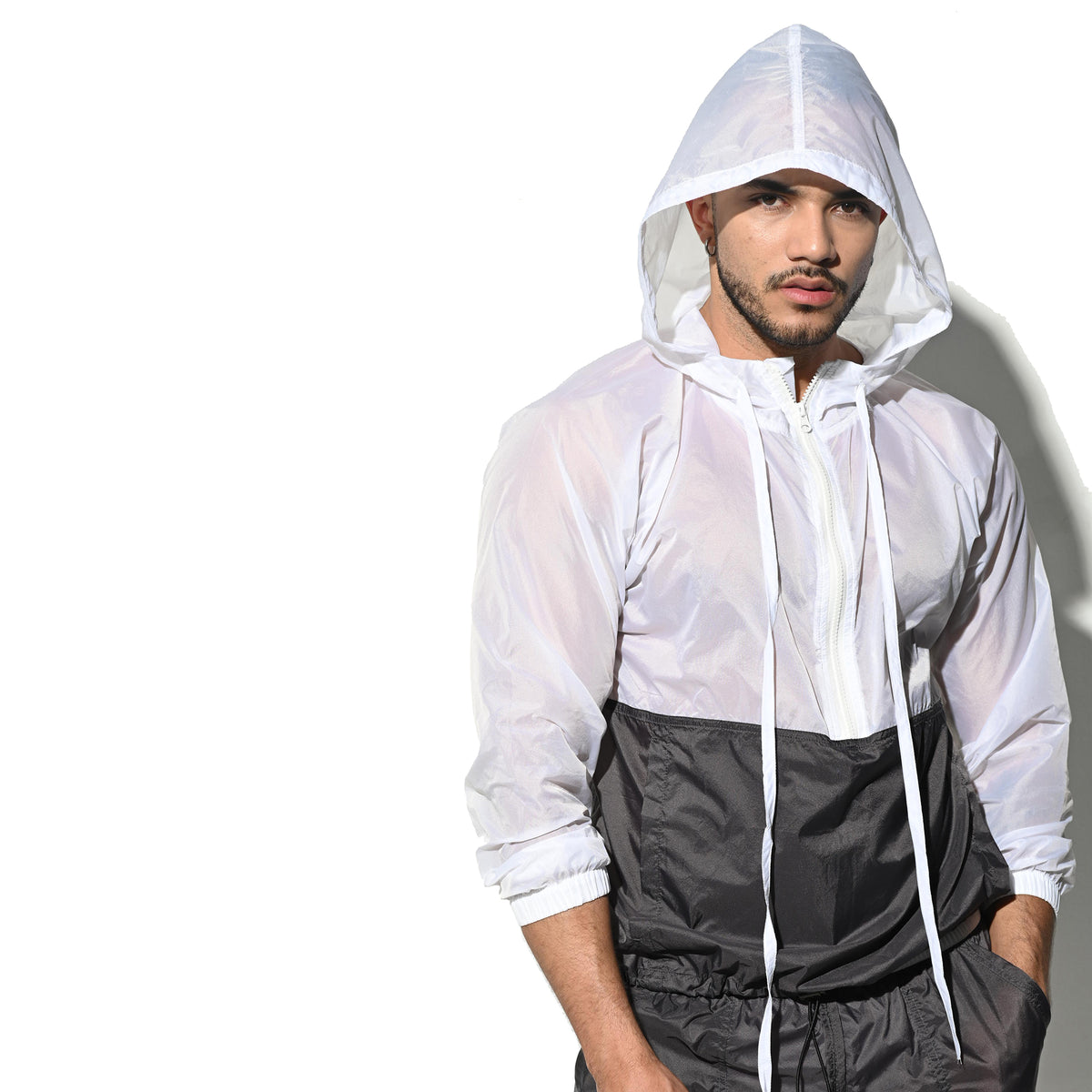 Men's Hooded Long Sleeve Sun Protection Jacket, Two-Tone Lightweight Quick Dry Sheer Windproof UV Protection Outerwear B7126