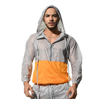 Men's Hooded Long Sleeve Sun Protection Jacket, Two-Tone Lightweight Quick Dry Sheer Windproof UV Protection Outerwear B7126