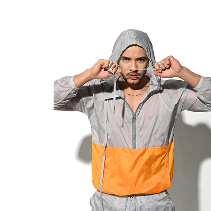 Men's Hooded Long Sleeve Sun Protection Jacket, Two-Tone Lightweight Quick Dry Sheer Windproof UV Protection Outerwear B7126