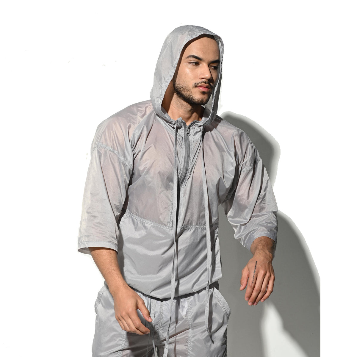 Men's Hooded 3/4 Sleeve Sun Protection Jacket Solid Lightweight Quick Dry Windproof UV Protection Outerwear B7128
