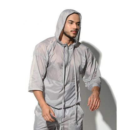 Men's Hooded 3/4 Sleeve Sun Protection Jacket Solid Lightweight Quick Dry Windproof UV Protection Outerwear B7128