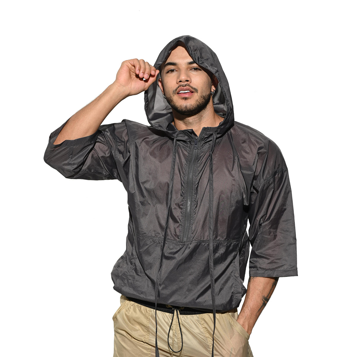 Men's Hooded 3/4 Sleeve Sun Protection Jacket Solid Lightweight Quick Dry Windproof UV Protection Outerwear B7128