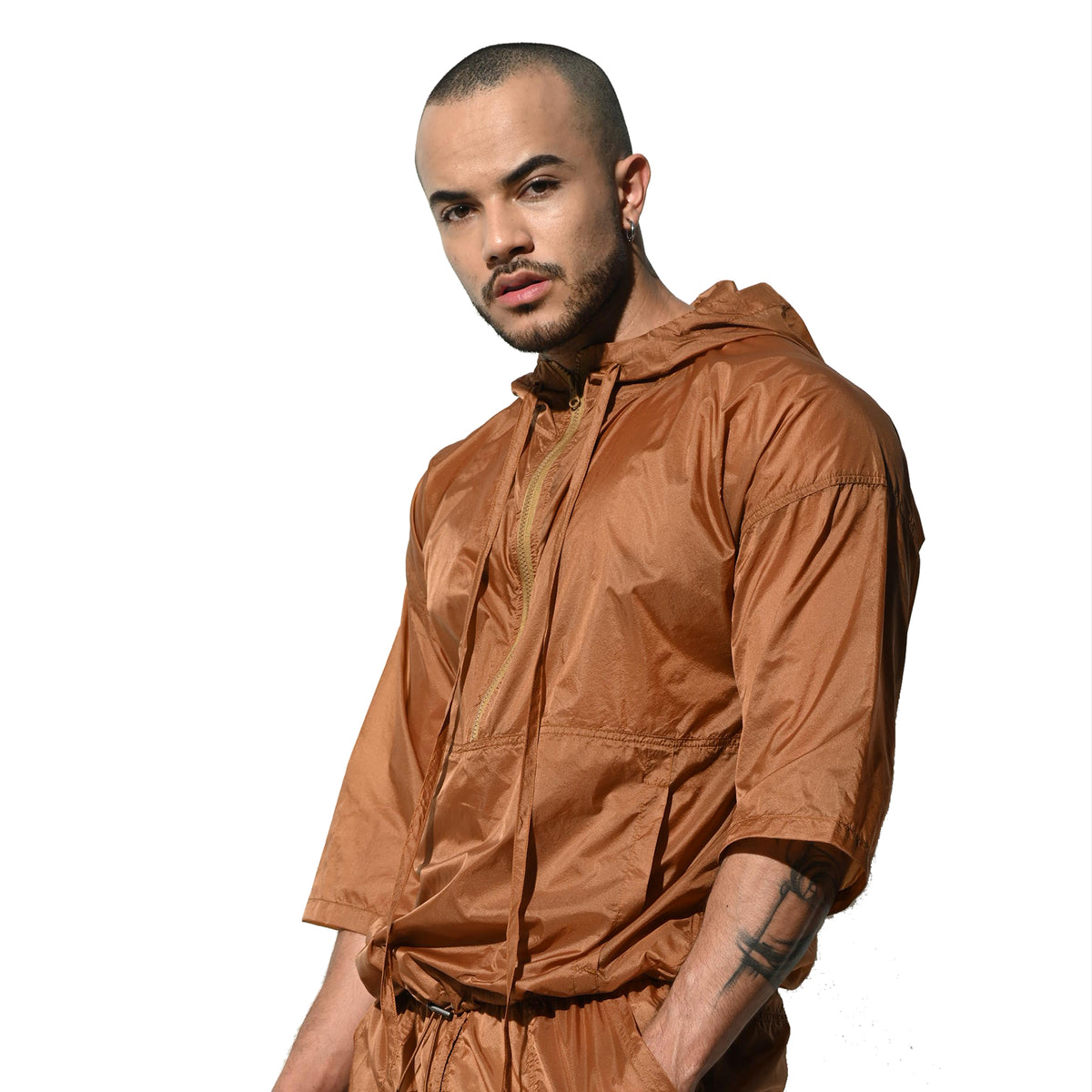 Men's Hooded 3/4 Sleeve Sun Protection Jacket Solid Lightweight Quick Dry Windproof UV Protection Outerwear B7128