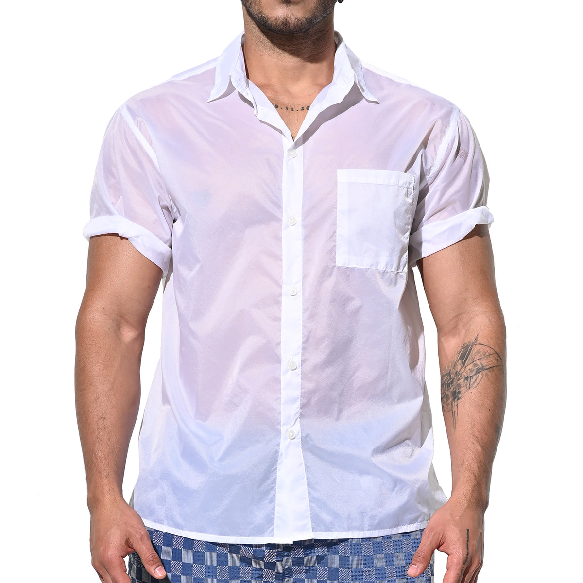 DESMIIT Men's Ultra Thin Semi-Sheer Short Sleeve Button Down Shirt, Loose Fit Nylon Ultra Lightweight UV Protection Vacation Travel Shirt B7241