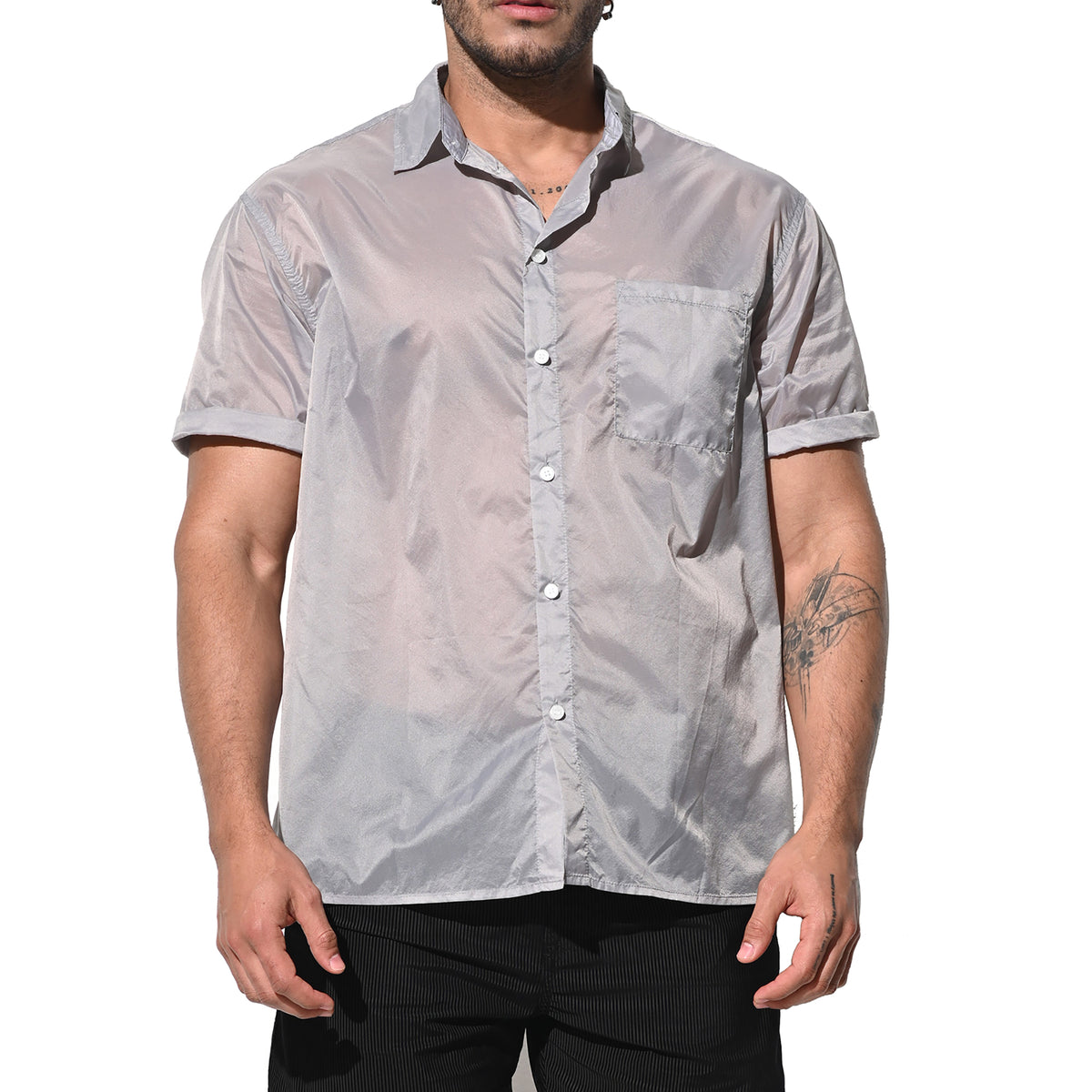 DESMIIT Men's Ultra Thin Semi-Sheer Short Sleeve Button Down Shirt, Loose Fit Nylon Ultra Lightweight UV Protection Vacation Travel Shirt B7241