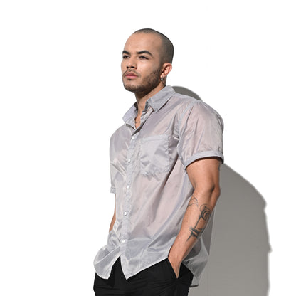 DESMIIT Men's Ultra Thin Semi-Sheer Short Sleeve Button Down Shirt, Loose Fit Nylon Ultra Lightweight UV Protection Vacation Travel Shirt B7241