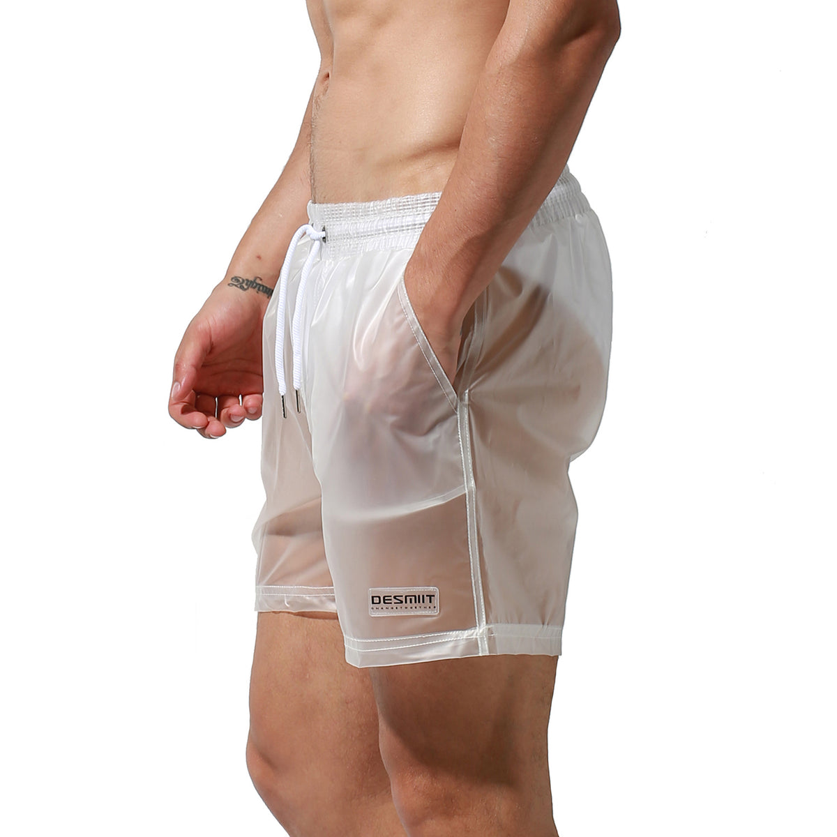 DESMIIT Men's Solid Transparent Fashion Rain Travel Clothing PU Shorts Board Shorts S7941
