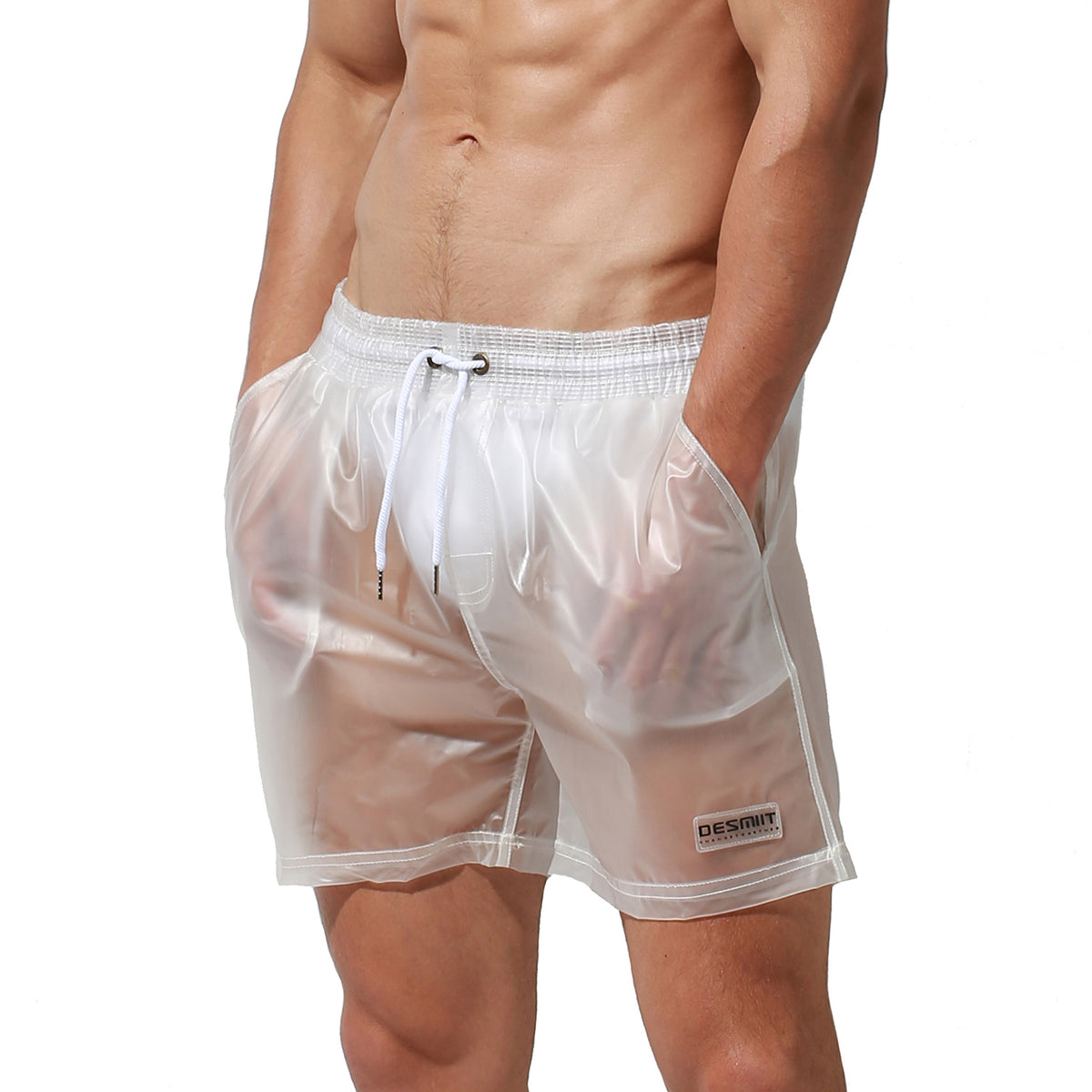 DESMIIT Men's Solid Transparent Fashion Rain Travel Clothing PU Shorts Board Shorts S7941