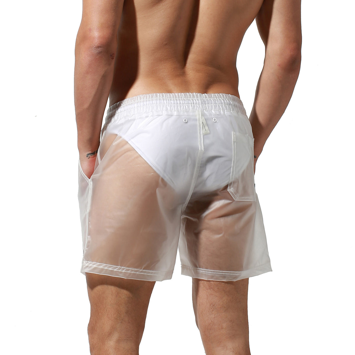 DESMIIT Men's Solid Transparent Fashion Rain Travel Clothing PU Shorts Board Shorts S7941