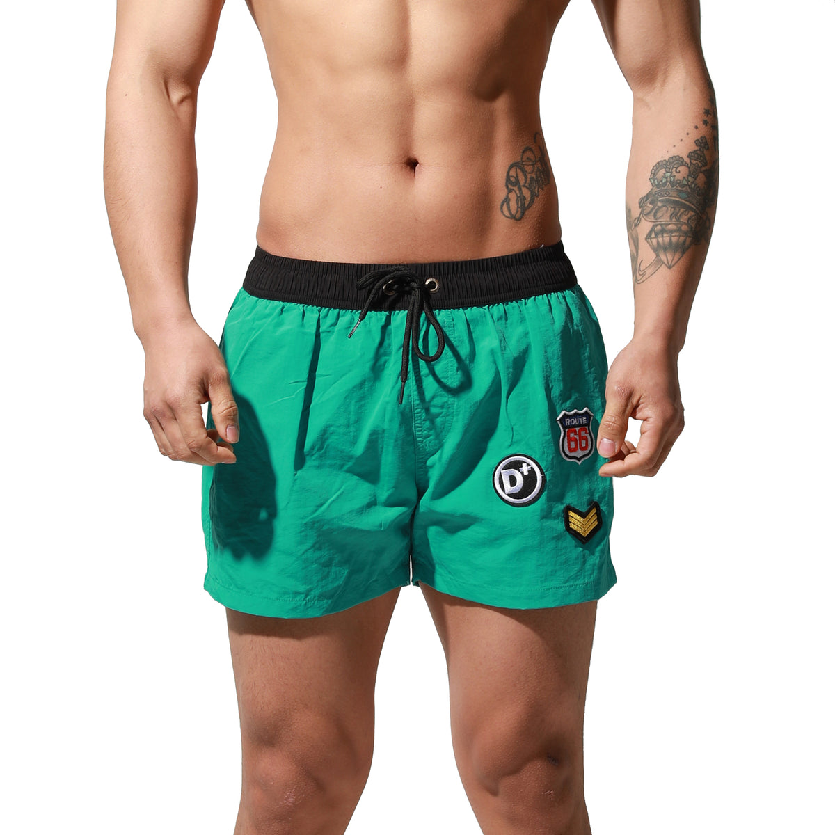 Men's Lightweight Quick-Dry Board Shorts Drawstring Patch Design Swim Trunks with Pockets S6016