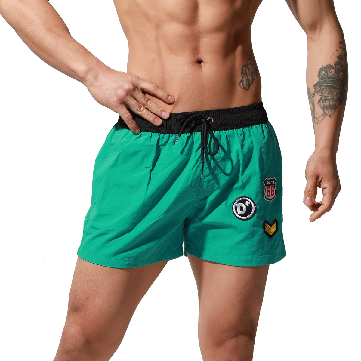 Men's Lightweight Quick-Dry Board Shorts Drawstring Patch Design Swim Trunks with Pockets S6016