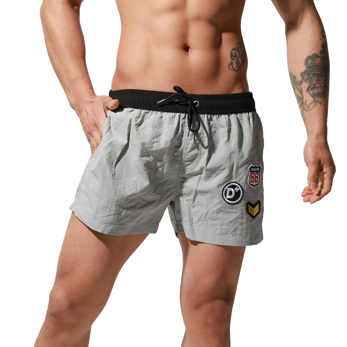Men's Lightweight Quick-Dry Board Shorts Drawstring Patch Design Swim Trunks with Pockets S6016