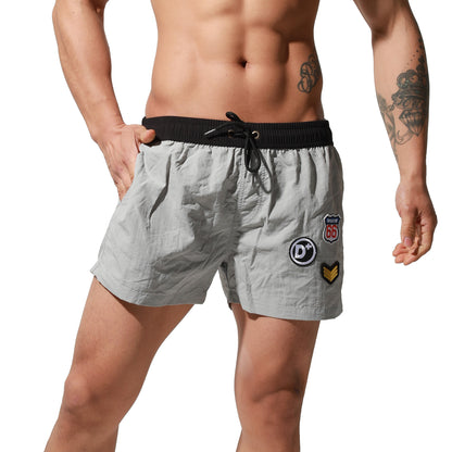Men's Lightweight Quick-Dry Board Shorts Drawstring Patch Design Swim Trunks with Pockets S6016