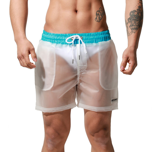 DESMIIT Men's Solid Transparent Fashion Rain Travel Clothing PVC Shorts Board Shorts S7071