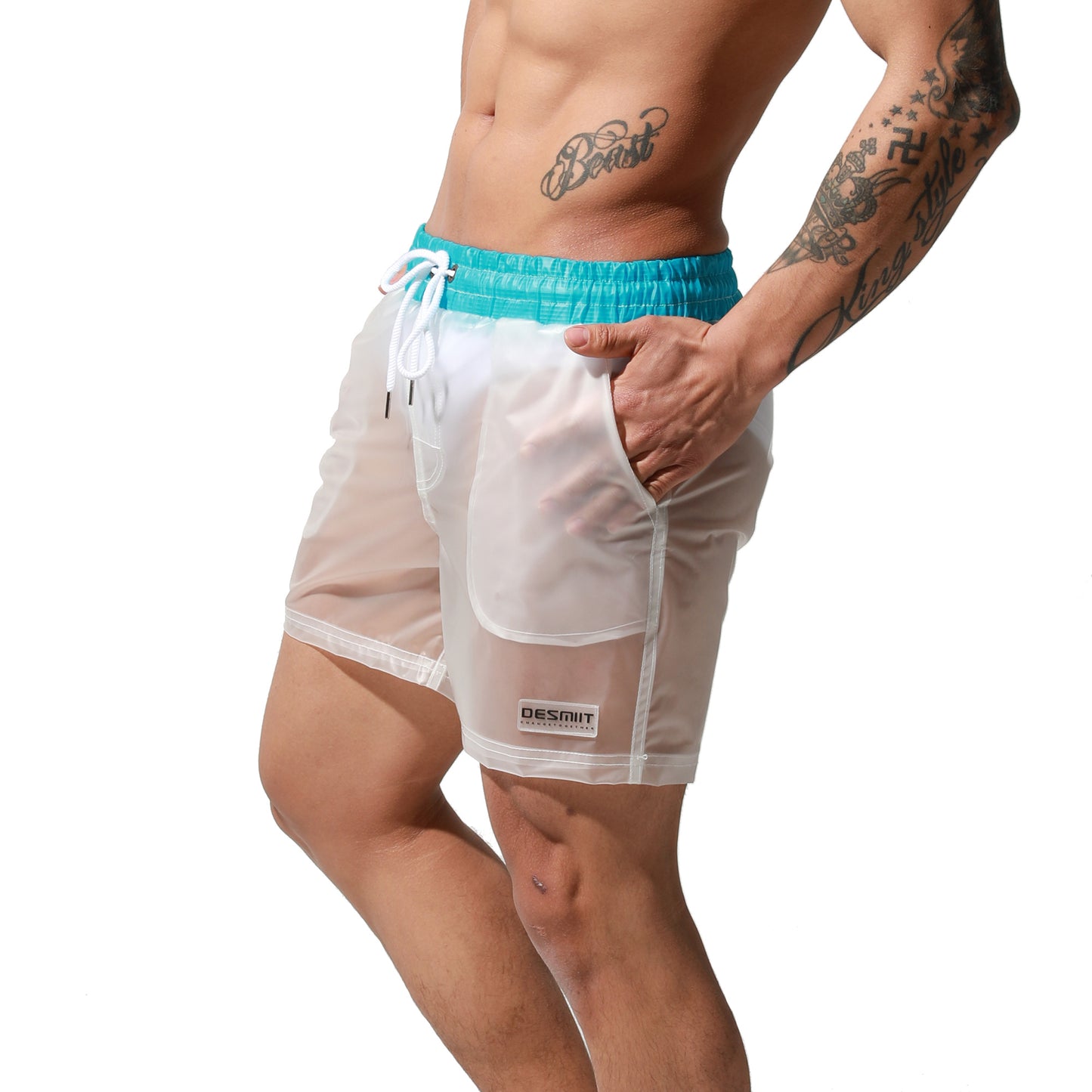 DESMIIT Men's Solid Transparent Fashion Rain Travel Clothing PVC Shorts Board Shorts S7071