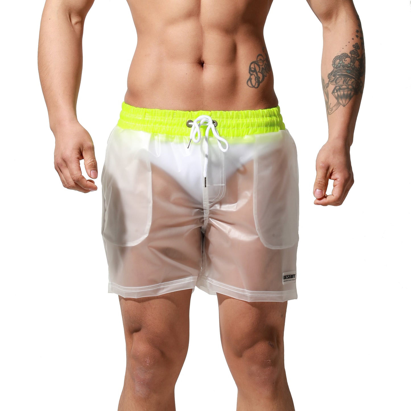 DESMIIT Men's Solid Transparent Fashion Rain Travel Clothing PVC Shorts Board Shorts S7071