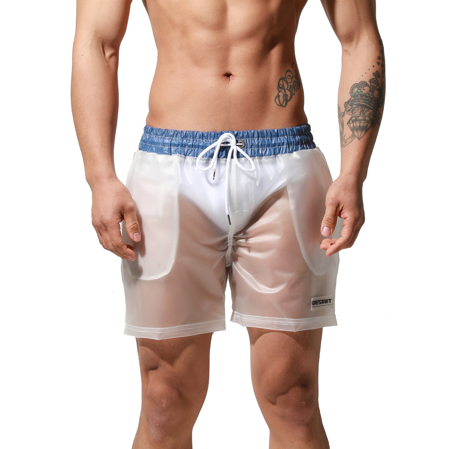 DESMIIT Men's Solid Transparent Fashion Rain Travel Clothing PVC Shorts Board Shorts S7071