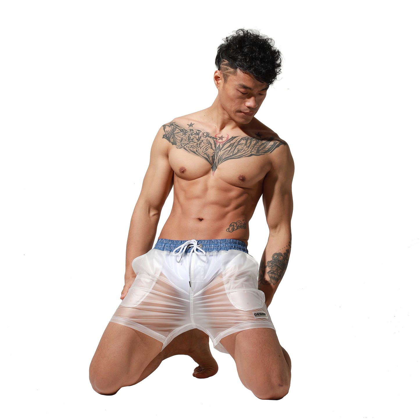 DESMIIT Men's Solid Transparent Fashion Rain Travel Clothing PVC Shorts Board Shorts S7071